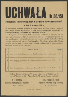 Uchwała Nr 38/151 Prezydium Powiatowej Rady Narodowej w Wodzisławiu Śl. z dnia 3 grudnia 1957 r.