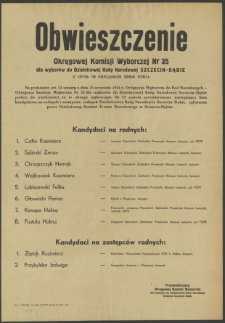 Obwieszczenie Okręgowej Komisji Wyborczej Nr 35 dla wyborów do Dzielnicowej Rady Narodowej Szczecin-Dąbie z dnia 15 listopada 1954 roku.