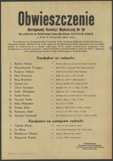 Obwieszczenie Okręgowej Komisji Wyborczej Nr 36 dla wyborów do Dzielnicowej Rady Narodowej Szczecin-Dąbie z dnia 15 listopada 1954 roku.