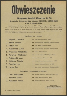 Obwieszczenie Okręgowej Komisji Wyborczej Nr 38 dla wyborów Dzielnicowej Rady Narodowej Dzielnica Szczecin-Dąbie z dnia 15 listopada 1954 r.