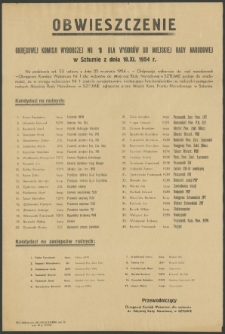 Obwieszczenie Okręgowej Komisji Wyborczej Nr 1 dla wyborów do Miejskiej Rady Narodowej w Sztumie z dnia 18.XI. 1954 r.