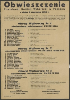 Obwieszczenie Powiatowej Komisji Wyborczej w Poznaniu z dnia 9 stycznia 1958 r.