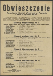 Obwieszczenie Powiatowej Komisji Wyborczej w Poznaniu z dnia 9 stycznia 1958 r.