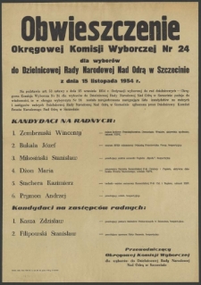 Obwieszczenie Okręgowej Komisji Wyborczej Nr 24 dla wyborów do Dzielnicowej Rady Narodowej Nad Odrą w Szczecinie z dnia 15 listopada 1954 r.