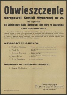 Obwieszczenie Okręgowej Komisji Wyborczej Nr 26 dla wyborów do Dzielnicowej Rady Narodowej Nad Odrą w Szczecinie z dnia 15 listopada 1954 r.