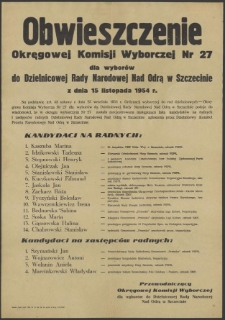 Obwieszczenie Okręgowej Komisji Wyborczej Nr 27 dla wyborów do Dzielnicowej Rady Narodowej Nad Odrą w Szczecinie z dnia 15 listopada 1954 r.