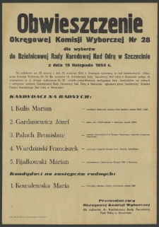 Obwieszczenie Okręgowej Komisji Wyborczej Nr 28 dla wyborów do Dzielnicowej Rady Narodowej Nad Odrą w Szczecinie z dnia 15 listopada 1954 r.
