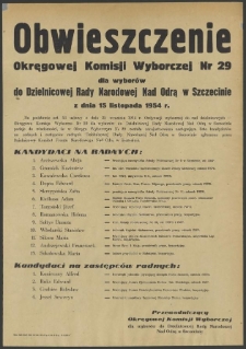 Obwieszczenie Okręgowej Komisji Wyborczej Nr 29 dla wyborów do Dzielnicowej Rady Narodowej Nad Odrą w Szczecinie z dnia 15 listopada 1954 r.