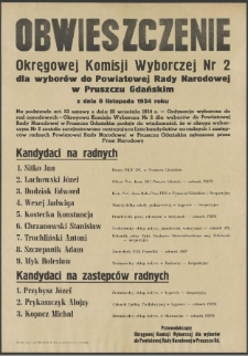 Obwieszczenie Okręgowej Komisji Wyborczej Nr 2 dla wyborów do Powiatowej Rady Narodowej w Pruszczu Gdańskim z dnia 8 listopada 1954 roku.