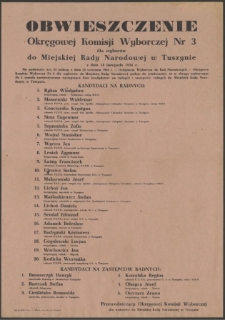 Obwieszczenie Okręgowej Komisji Wyborczej Nr 3 dla wyborów do Miejskiej Rady Narodowej w Tuszynie z dnia 18 listopada 1954 r.