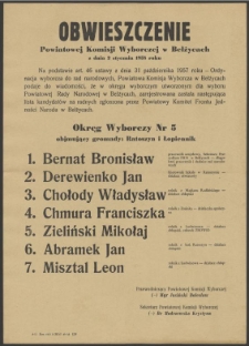 Obwieszczenie Powiatowej Komisji Wyborczej w Bełżycach z dnia 2 stycznia 1958 roku.