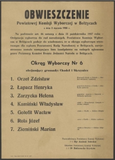 Obwieszczenie Powiatowej Komisji Wyborczej w Bełżycach z dnia 2 stycznia 1958 roku.