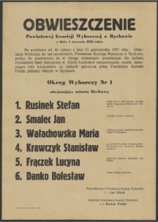 Obwieszczenie Powiatowej Komisji Wyborczej w Bychawie z dnia 2 stycznia 1958 roku.