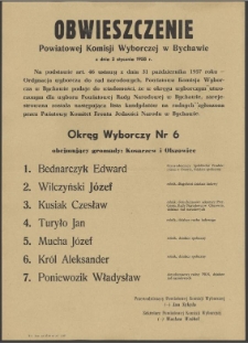 Obwieszczenie Powiatowej Komisji Wyborczej w Bychawie z dnia 2 stycznia 1958 roku.