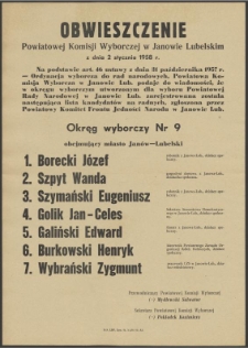 Obwieszczenie Powiatowej Komisji Wyborczej w Janowie Lubelskim z dnia 2 stycznia 1958 roku.