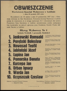 Obwieszczenie Powiatowej Komisji Wyborczej w Lublinie z dnia 29 grudnia 1957 roku.