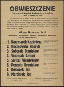 Obwieszczenie Powiatowej Komisji Wyborczej w Lublinie z dnia 29 grudnia 1957 roku.