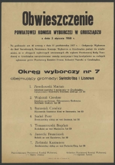 Obwieszczenie Powiatowej Komisji Wyborczej w Grudziądzu z dnia 3 stycznia 1958 r.