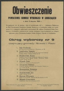 Obwieszczenie Powiatowej Komisji Wyborczej w Grudziądzu z dnia 3 stycznia 1958 r.