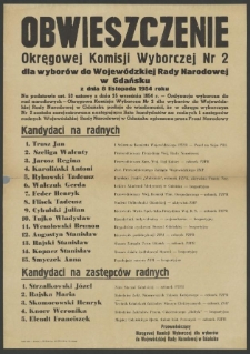 Obwieszczenie Okręgowej Komisji Wyborczej Nr 2 dla wyborów do Wojewódzkiej Rady Narodowej w Gdańsku z dnia 8 listopada 1954 roku.