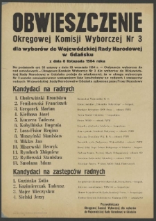 Obwieszczenie Okręgowej Komisji Wyborczej Nr 3 dla wyborów do Wojewódzkiej Rady Narodowej w Gdańsku z dnia 8 listopada 1954 roku.