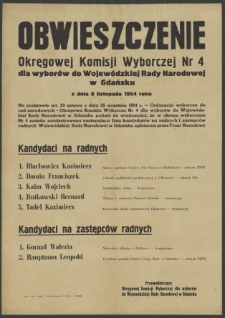 Obwieszczenie Okręgowej Komisji Wyborczej Nr 4 dla wyborów do Wojewódzkiej Rady Narodowej w Gdańsku z dnia 8 listopada 1954 roku.