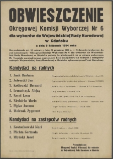 Obwieszczenie Okręgowej Komisji Wyborczej Nr 6 dla wyborów do Wojewódzkiej Rady Narodowej w Gdańsku z dnia 8 listopada 1954 roku.