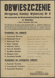 Obwieszczenie Okręgowej Komisji Wyborczej Nr 8 dla wyborów do Wojewódzkiej Rady Narodowej w Gdańsku z dnia 8 listopada 1954 roku.