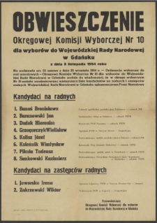 Obwieszczenie Okręgowej Komisji Wyborczej Nr 10 dla wyborów do Wojewódzkiej Rady Narodowej w Gdańsku z dnia 8 listopada 1954 roku.