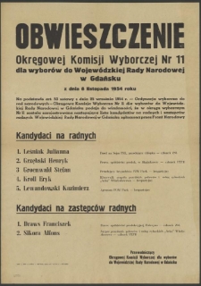 Obwieszczenie Okręgowej Komisji Wyborczej Nr 11 dla wyborów do Wojewódzkiej Rady Narodowej w Gdańsku z dnia 8 listopada 1954 roku.