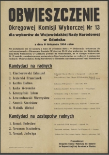 Obwieszczenie Okręgowej Komisji Wyborczej Nr 13 dla wyborów do Wojewódzkiej Rady Narodowej w Gdańsku z dnia 8 listopada 1954 roku.