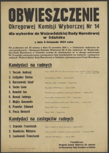 Obwieszczenie Okręgowej Komisji Wyborczej Nr 14 dla wyborów do Wojewódzkiej Rady Narodowej w Gdańsku z dnia 8 listopada 1954 roku.