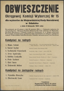 Obwieszczenie Okręgowej Komisji Wyborczej Nr 15 dla wyborów do Wojewódzkiej Rady Narodowej w Gdańsku z dnia 8 listopada 1954 roku.