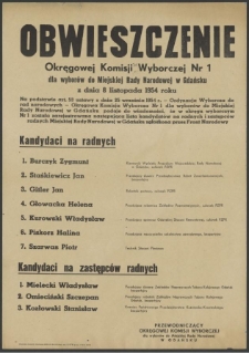 Obwieszczenie Okręgowej Komisji Wyborczej Nr 1 dla wyborów do Miejskiej Rady Narodowej w Gdańsku z dnia 8 listopada 1954 roku.