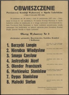 Obwieszczenie Powiatowej Komisji Wyborczej w Opolu Lubelskim z dnia 31 stycznia 1958 roku.