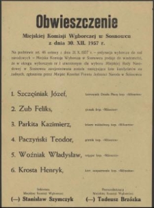 Obwieszczenie Miejskiej Komisji Wyborczej w Sosnowcu z dnia 30. XII. 1957 r.