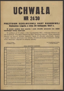 Uchwała nr 24/30 Prezydium Dzielnicowej Rady Narodowej w Katowice Ligota z dnia 29 listopada 1957 r. w sprawie ustalenia ilości numerów i granic obwodów głosowania oraz siedzib obwodowych komisji wyborczych.