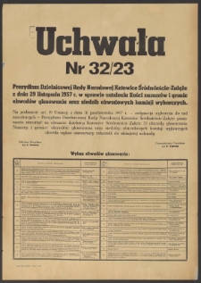 Uchwała nr 32/23 Prezydium Dzielnicowej Rady Narodowej w Katowice Śródmieście-Załęże z dnia 29 listopada 1957 r. w sprawie ustalenia ilości, numerów i granic obwodów głosowania oraz siedzib obwodowych komisji wyborczych.