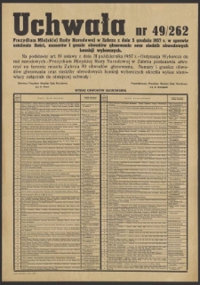 Uchwała nr 49/262 Prezydium Miejskiej Rady Narodowej w Zabrzu z dnia 5 grudnia 1957 r. w sprawie ustaleniu ilości, numerów i granic obwodów głosowania oraz siedzib obwodowych komisji wyborczych.
