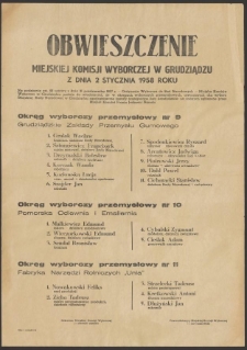 Obwieszczenie Miejskiej Komisji Wyborczej w Grudziądzu z dnia 2 stycznia 1958 roku.