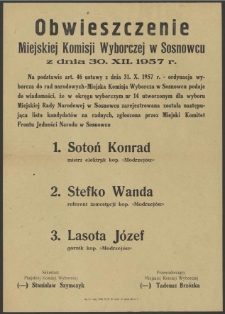 Obwieszczenie Miejskiej Komisji Wyborczej w Sosnowcu z dnia 30. XII. 1957 r.