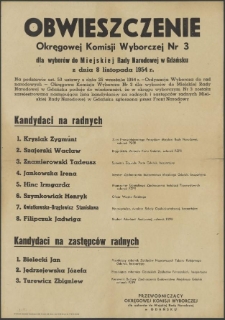 Obwieszczenie Okręgowej Komisji Wyborczej Nr 3 dla wyborów do Miejskiej Rady Narodowej w Gdańsku z dnia 8 listopada 1954 roku.
