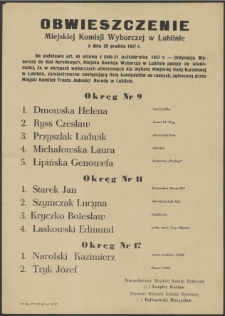 Obwieszczenie Miejskiej Komisji Wyborczej w Lublinie z dnia 29 grudnia 1957 roku.