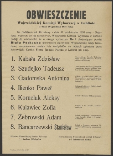 Obwieszczenie Wojewódzkiej Komisji Wyborczej w Lublinie z dnia 29 grudnia 1957 roku.