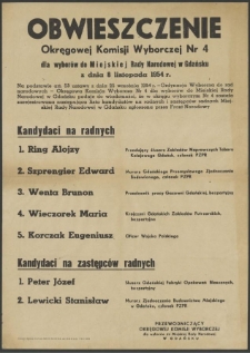 Obwieszczenie Okręgowej Komisji Wyborczej Nr 4 dla wyborów do Miejskiej Rady Narodowej w Gdańsku z dnia 8 listopada 1954 roku.
