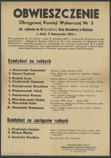 Obwieszczenie Okręgowej Komisji Wyborczej Nr 5 dla wyborów do Miejskiej Rady Narodowej w Gdańsku z dnia 8 listopada 1954 roku.