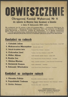 Obwieszczenie Okręgowej Komisji Wyborczej Nr 6 dla wyborów do Miejskiej Rady Narodowej w Gdańsku z dnia 8 listopada 1954 roku.