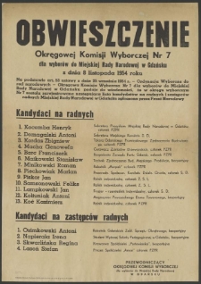 Obwieszczenie Okręgowej Komisji Wyborczej Nr 7 dla wyborów do Miejskiej Rady Narodowej w Gdańsku z dnia 8 listopada 1954 roku.