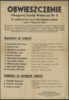 Obwieszczenie Okręgowej Komisji Wyborczej Nr 8 dla wyborów do Miejskiej Rady Narodowej w Gdańsku z dnia 8 listopada 1954 roku.