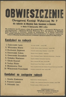 Obwieszczenie Okręgowej Komisji Wyborczej Nr 9 dla wyborów do Miejskiej Rady Narodowej w Gdańsku z dnia 8 listopada 1954 roku.